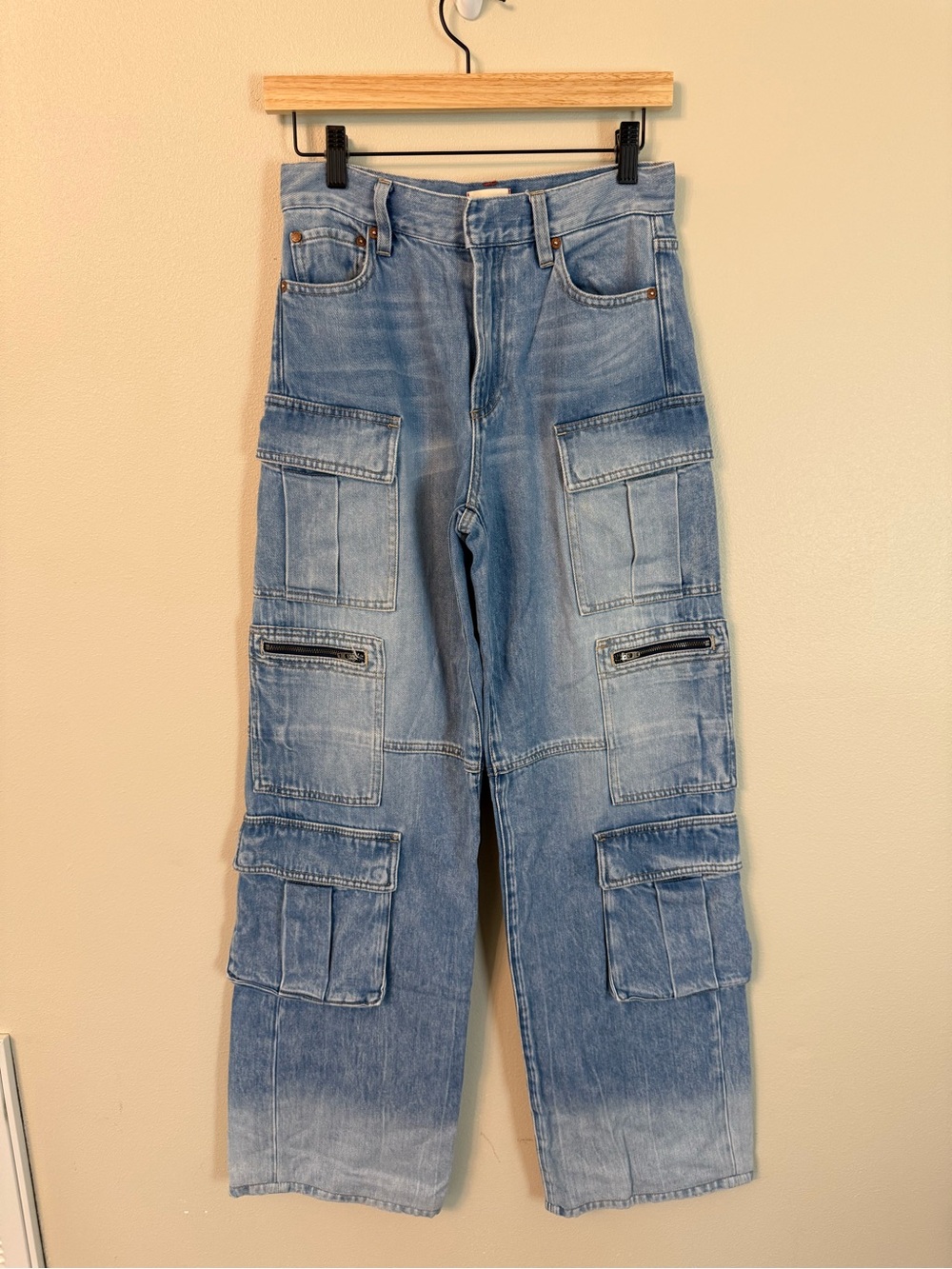 Alice + Olivia Cay Baggy Cargo Jeans Brea Blue Wide Leg Denim Size 28 - Picture 4 of 10